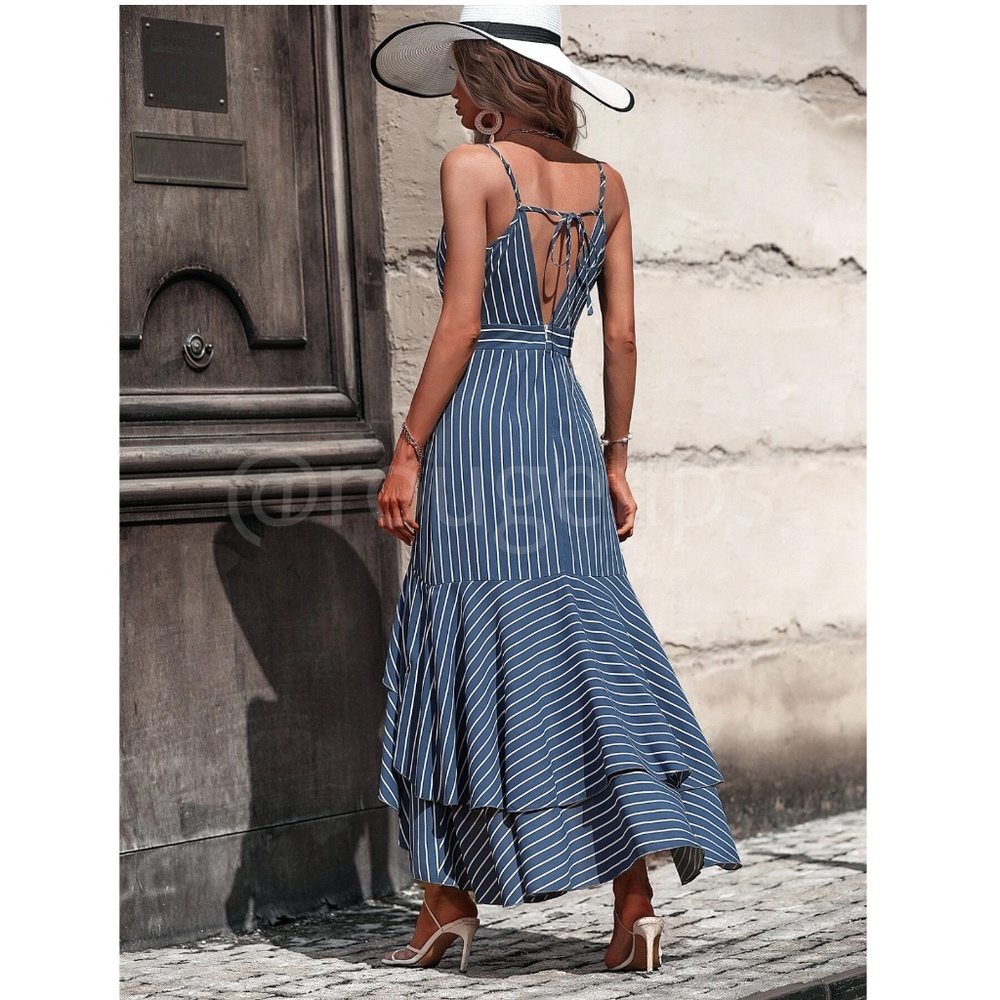 Striped Blue White V-Neck High Low Maxi Dress Sleeveless, Spaghetti Straps Flar - Picture 3 of 10